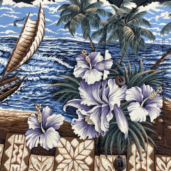 FAVANT Hawaiian Shirt Men Small S Black Button Up Floral Palm Tree Beach Waves - Picture 4 of 9
